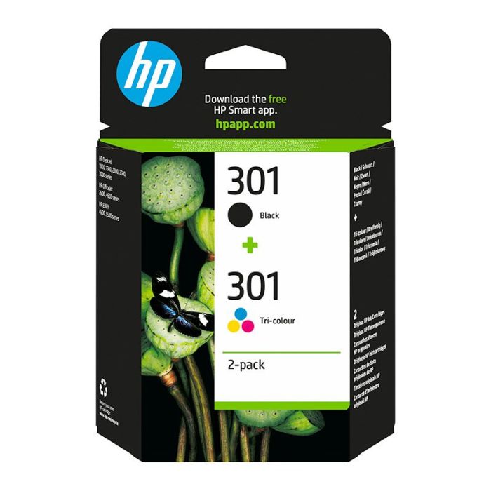 Cartouches d'encre HP 301 pack de 2 : noire + trois couleurs authentiques (N9J72AE)