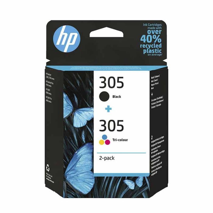 HP 305 pack une cartouche d'encre Trois couleurs (Cyan, Magenta, Jaune) et une cartouche d'encre Noir (6ZD17AE)