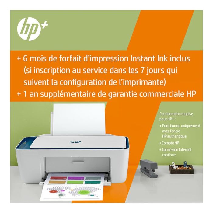 Imprimante HP DeskJet 2721e multifonction et jet d'encre couleur Copie Scan - 6 mois d' Instant ink inclus avec HP+ 