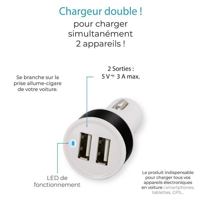 CHARGEUR ALLUME CIGARE 2 PORTS USB 3AA 
