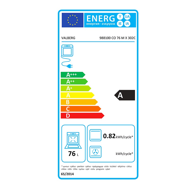 Étiquette énergie : Valberg Four encastrable catalyse 76 L convection naturelle CO 76 C X 302C