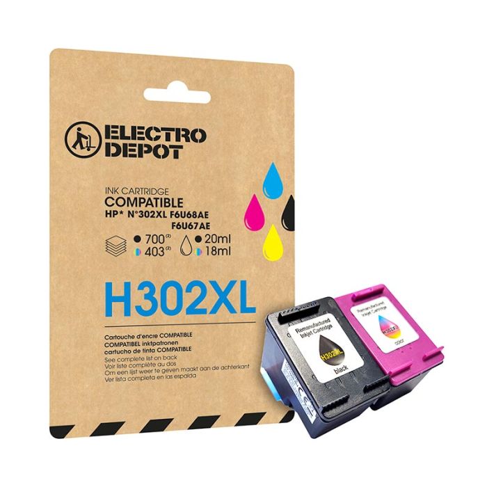 Cartouche d'encre ELECTRO DEPOT compatible HP H302 pack XL noir et