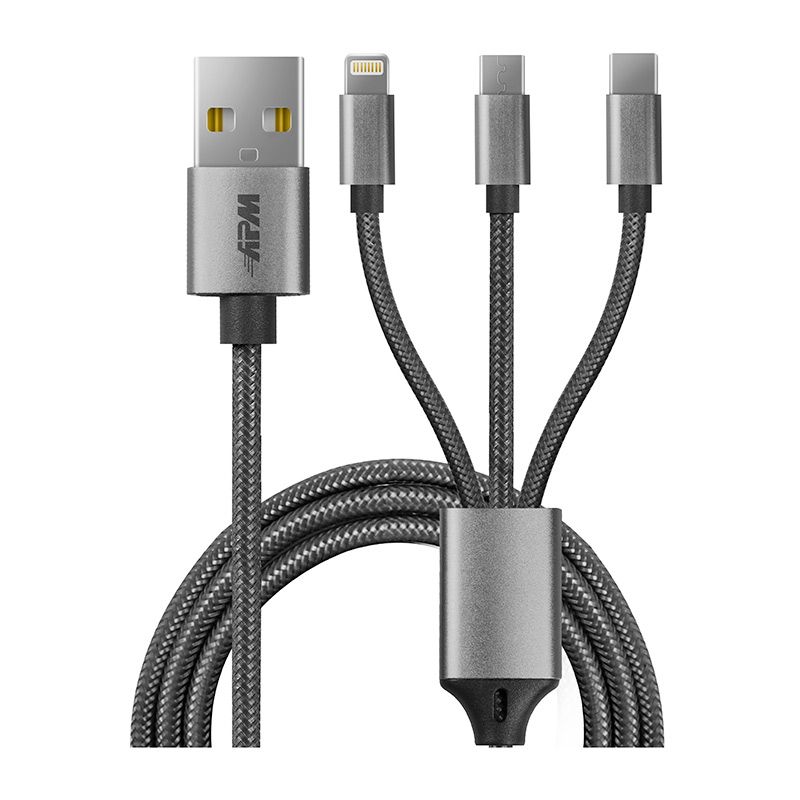 Câble 3en1 renforcé (1M) USBA vers Lightning, USBC, MicroUSB
