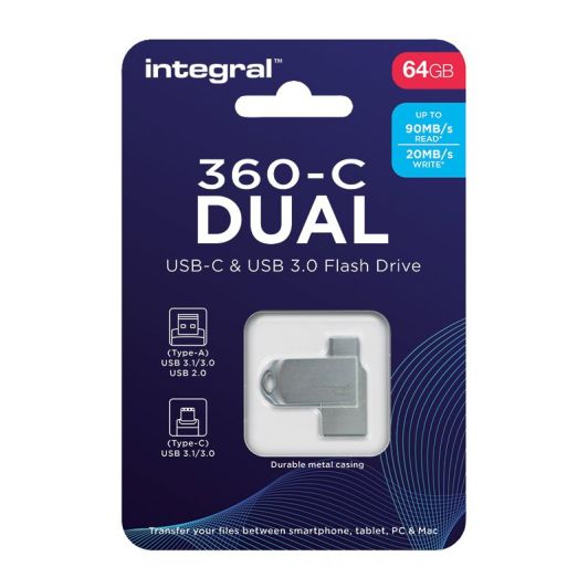 Clé USB Integral 360-C Dual 64 Go – Clé USB-C et USB-A 3.0 haute vitesse