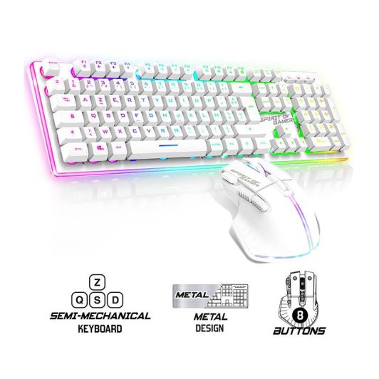 Pack Gamer Spirit of Gamer - Clavier Sans Fil AZERTY FR RGB + Souris 4800 DPI, Rechargeable, Aluminium, PC/PS4/PS5/Xbox - Blanc