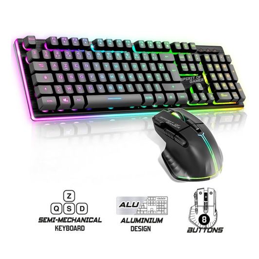 Pack Gamer Spirit of Gamer - Clavier Sans Fil AZERTY FR RGB + Souris 4800 DPI, Rechargeable, Aluminium, PC/PS4/PS5/Xbox - Noir
