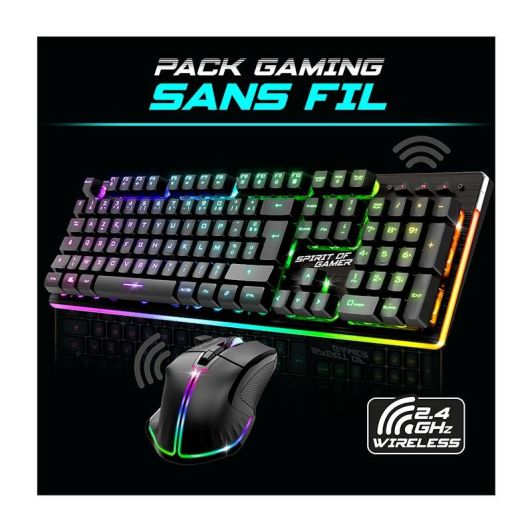 Pack Gamer Spirit of Gamer - Clavier Sans Fil AZERTY FR RGB + Souris 4800 DPI, Rechargeable, Aluminium, PC/PS4/PS5/Xbox - Noir