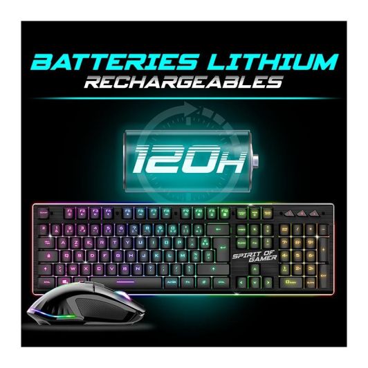 Pack Gamer Spirit of Gamer - Clavier Sans Fil AZERTY FR RGB + Souris 4800 DPI, Rechargeable, Aluminium, PC/PS4/PS5/Xbox - Noir