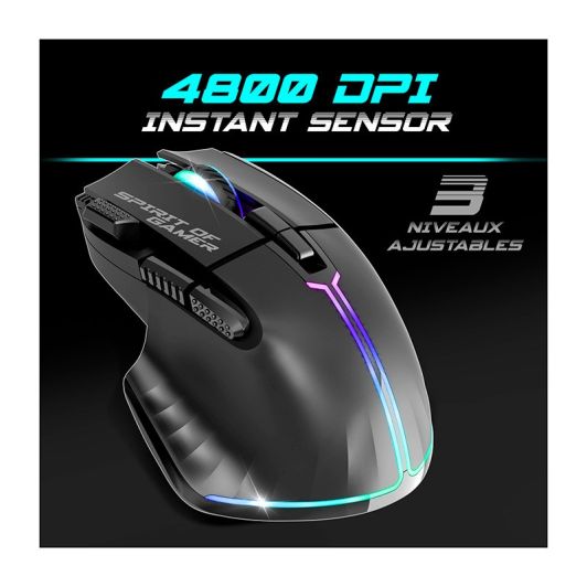 Pack Gamer Spirit of Gamer - Clavier Sans Fil AZERTY FR RGB + Souris 4800 DPI, Rechargeable, Aluminium, PC/PS4/PS5/Xbox - Noir