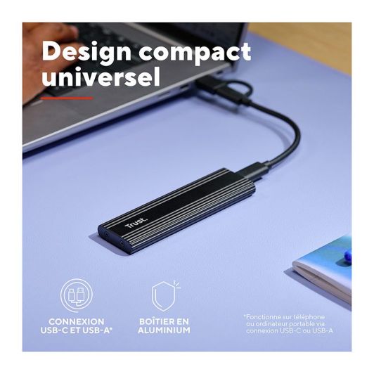 Boîtier TRUST SSD M.2 USB 3.2 Gen 2 – Boîtier externe pour disque NVMe/SATA (Noir)