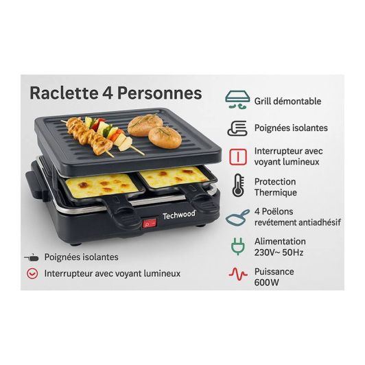Raclette TECHWOOD 4 personnes + grill TRA-46