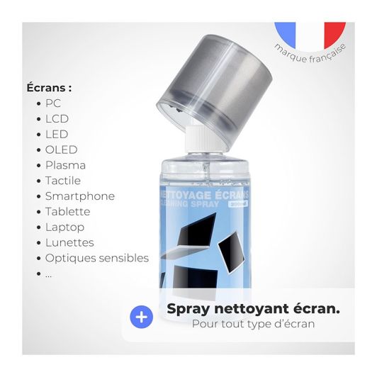 Spray APM Nettoyant Écran TV, PC, Smartphone, Tablette, Texture Gel Sans Alcool, Effet Antistatique, Anti-rayures, Anti-traces, Chiffon Microfibre Inclus, Nettoyage Sécurisé, 200ml