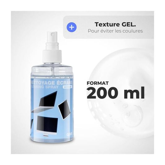 Spray APM Nettoyant Écran TV, PC, Smartphone, Tablette, Texture Gel Sans Alcool, Effet Antistatique, Anti-rayures, Anti-traces, Chiffon Microfibre Inclus, Nettoyage Sécurisé, 200ml