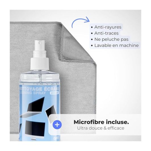 Spray APM Nettoyant Écran TV, PC, Smartphone, Tablette, Texture Gel Sans Alcool, Effet Antistatique, Anti-rayures, Anti-traces, Chiffon Microfibre Inclus, Nettoyage Sécurisé, 200ml