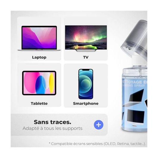 Spray APM Nettoyant Écran TV, PC, Smartphone, Tablette, Texture Gel Sans Alcool, Effet Antistatique, Anti-rayures, Anti-traces, Chiffon Microfibre Inclus, Nettoyage Sécurisé, 200ml