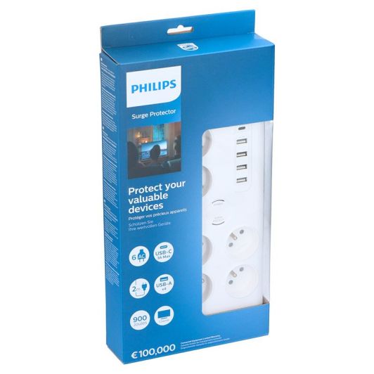 Multiprise PHILIPS  6 prises + USB/USB-C + Coaxiales + Protection d'alimentation