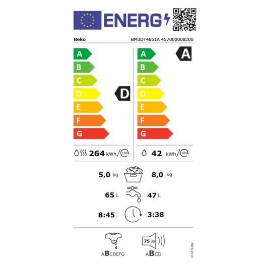 Lave-linge séchant 8 kg / 5 kg BEKO BM3DT4851A