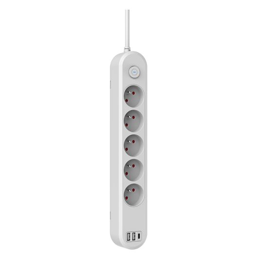 Multiprise LINK2HOME 5 prises + 2 USB-A + 1 USB-C avec interrupteur Blanc - Cable 1.5m