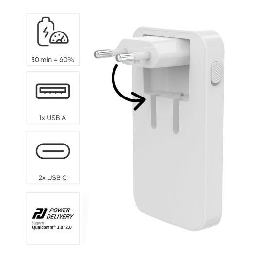 Chargeur rapide HAMA, 2 USB-C, 1 USB-A, mini-chargeur plat, PD, 65 W
