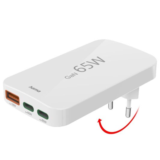 Chargeur rapide HAMA, 2 USB-C, 1 USB-A, mini-chargeur plat, PD, 65 W