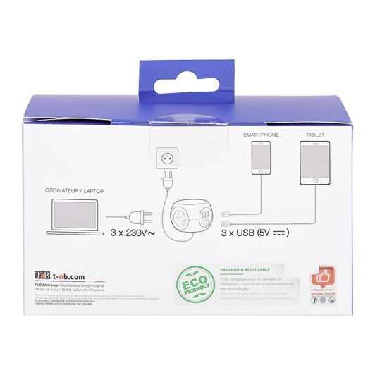 Multiprise 2 en 1 TNB 3 prises + 3 USB Blanche - Cable 1.43m