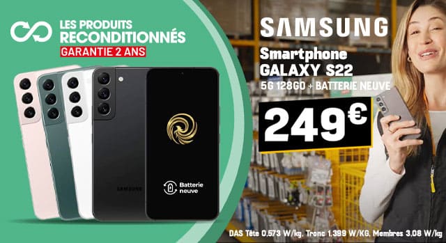 Smartphone SAMSUNG Galaxy S22 5G 128Go Noir Reconditionné Grade A+ - Batterie Neuve - Garantie 2 ans (existe en 4 coloris)