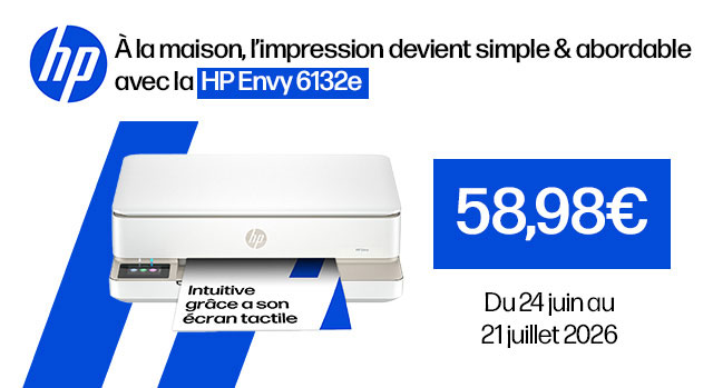 HP - A la maison, l'impression devient simple & abordable avec l'imprimante HP Envy 6132e - 58€98 - du 24 juin au 21 juillet 2026